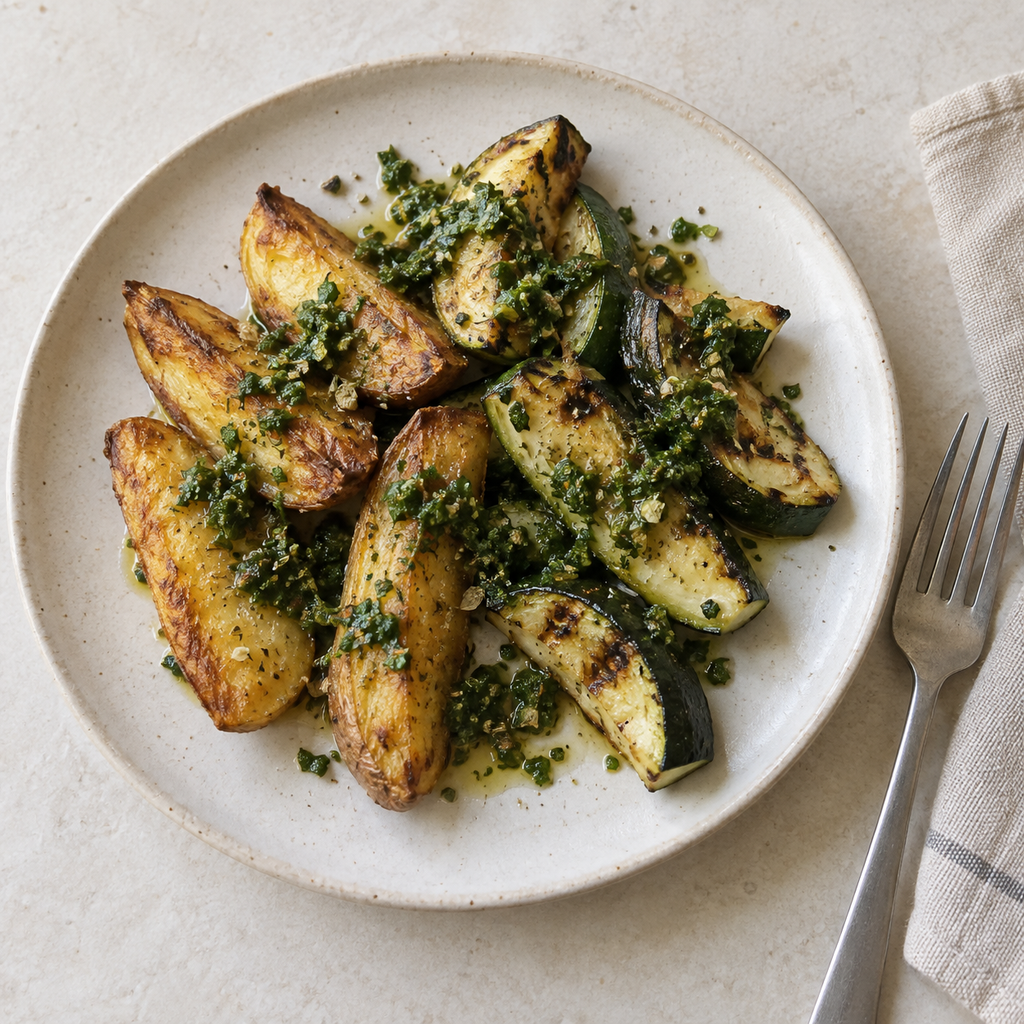 Roasted potatoes and zucchini served with parsley chimichurri